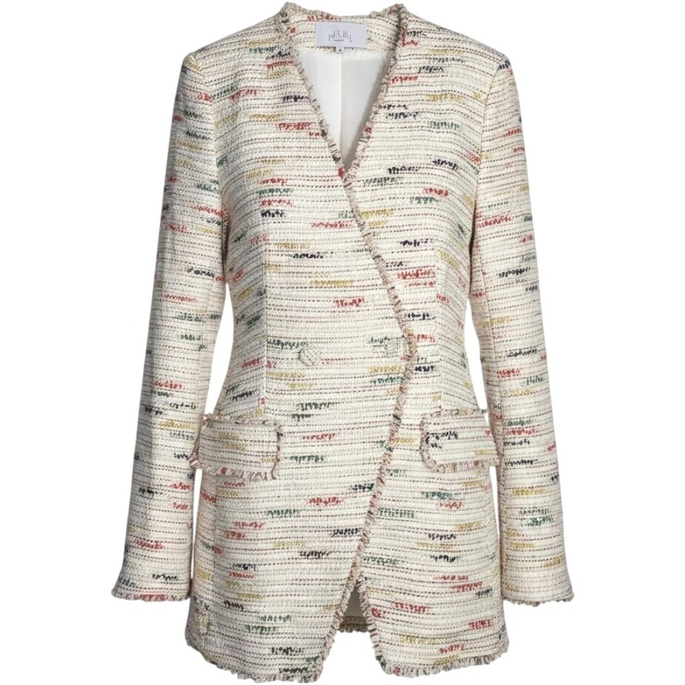 Pearl by Lela Rose Womens Longline Tweed Blazer Fringe Trim Multi Color Size 8